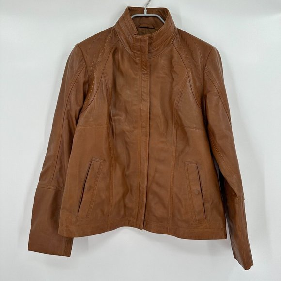 Quince Women's Cognac-Brown Leather Stand-Collar Jacket sz L Large Full Zip NWT* - Picture 1 of 11